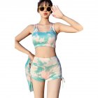 3pcs Women Bikini Set With Long Sleeves Sunscreen Cover-up Sweet Printing Sleeveless Tops Shorts Suit Lake green 8962136 M
