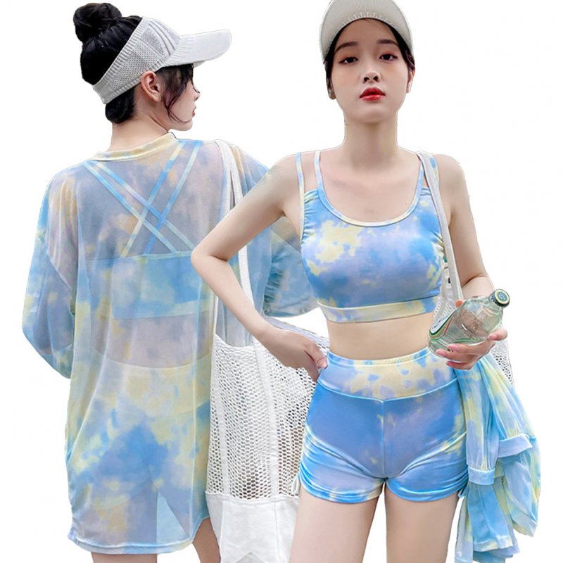 3pcs Women Bikini Set With Long Sleeves Sunscreen Cover-up Sweet Printing Sleeveless Tops Shorts Suit 8282130 yellow XL