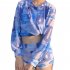 3pcs Women Split Swimsuit Cute Printing Sleeveless Tops Shorts Bikini Set With Long Sleeves Sunscreen Cover up 039928 blue L