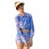 3pcs Women Split Swimsuit Cute Printing Sleeveless Tops Shorts Bikini Set With Long Sleeves Sunscreen Cover up 039928 blue L