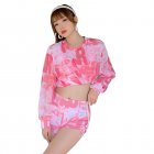 3pcs Women Split Swimsuit Cute Printing Sleeveless Tops Shorts Bikini Set With Long Sleeves Sunscreen Cover-up 039928 pink XL