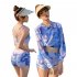 3pcs Women Split Swimsuit Cute Printing Sleeveless Tops Shorts Bikini Set With Long Sleeves Sunscreen Cover up 039928 blue L