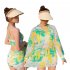 3pcs Women Split Swimsuit Cute Printing Sleeveless Tops Shorts Bikini Set With Long Sleeves Sunscreen Cover up 039928 blue L