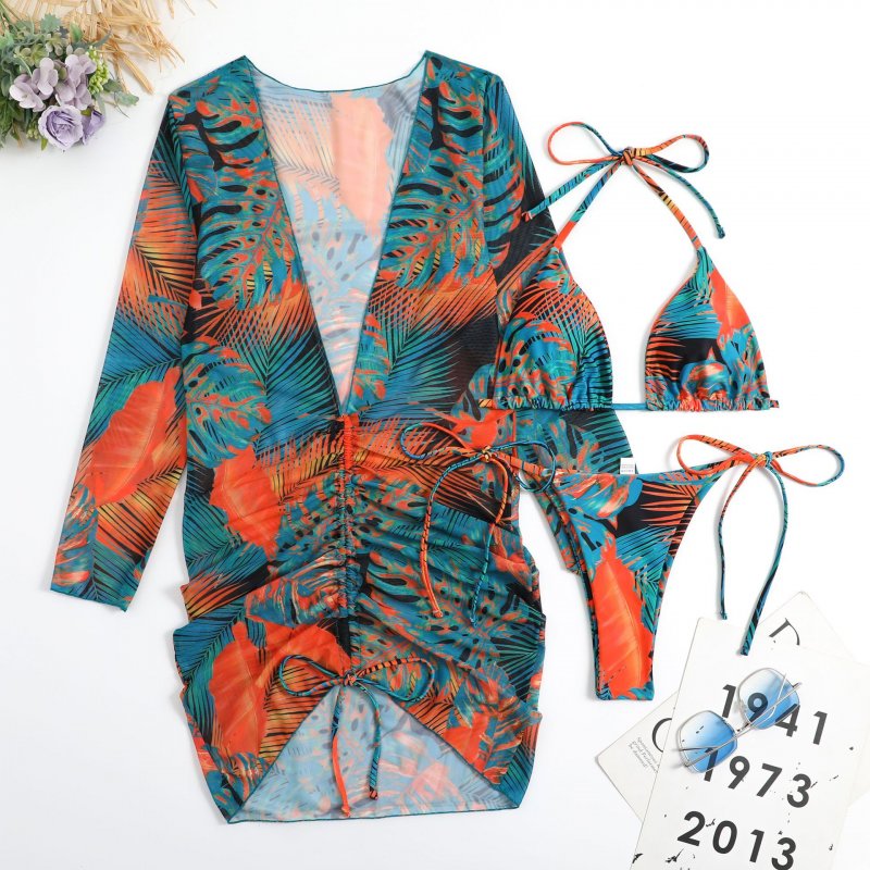 3pcs Women Swimsuit Suit Quick-drying Fashion Printing Sexy Bikini Set For Summer Beach Party Swimming color 4 S