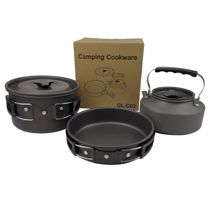 3pcs/set  2-3 Person   Cookware  Set Teapot Frying Pan Boiling Pot For Outdoor Camping Picnic black