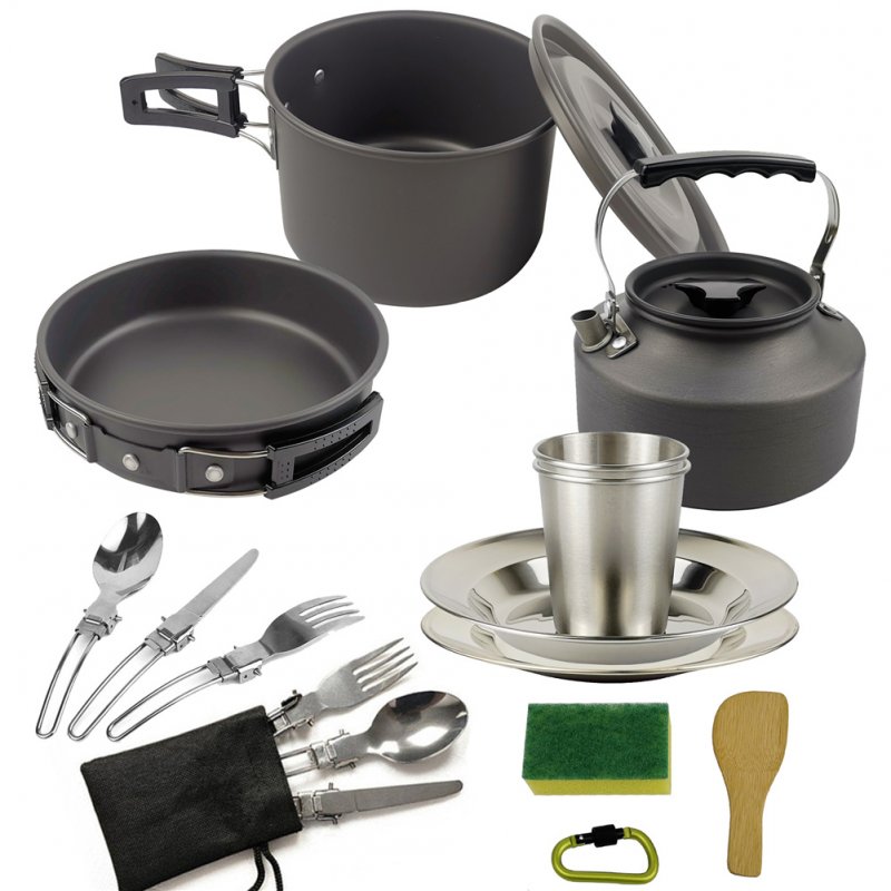 3pcs/set Camping   Cookware  Set For Outdoor Cooking Teapot Picnic Tableware Kettle Pot Frying Pan black