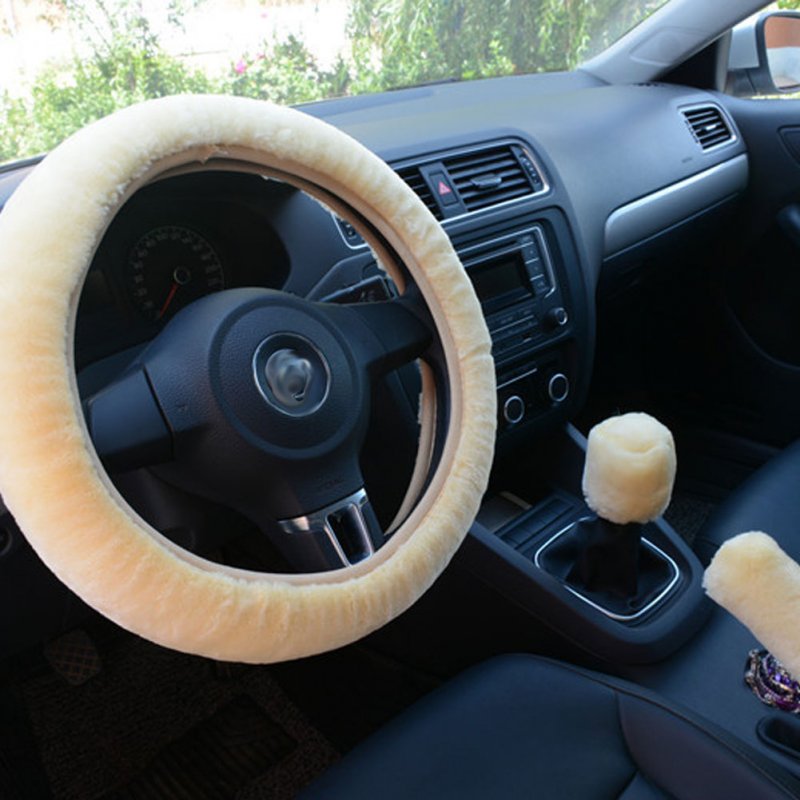 3pcs/set Car Plush Fashion Universal Steering  Wheel  Cover Plush Pull Handle cream color