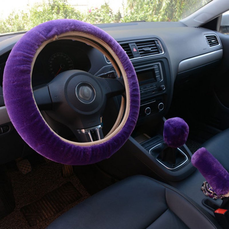 3pcs/set Car Plush Fashion Universal Steering  Wheel  Cover Plush Pull Handle purple