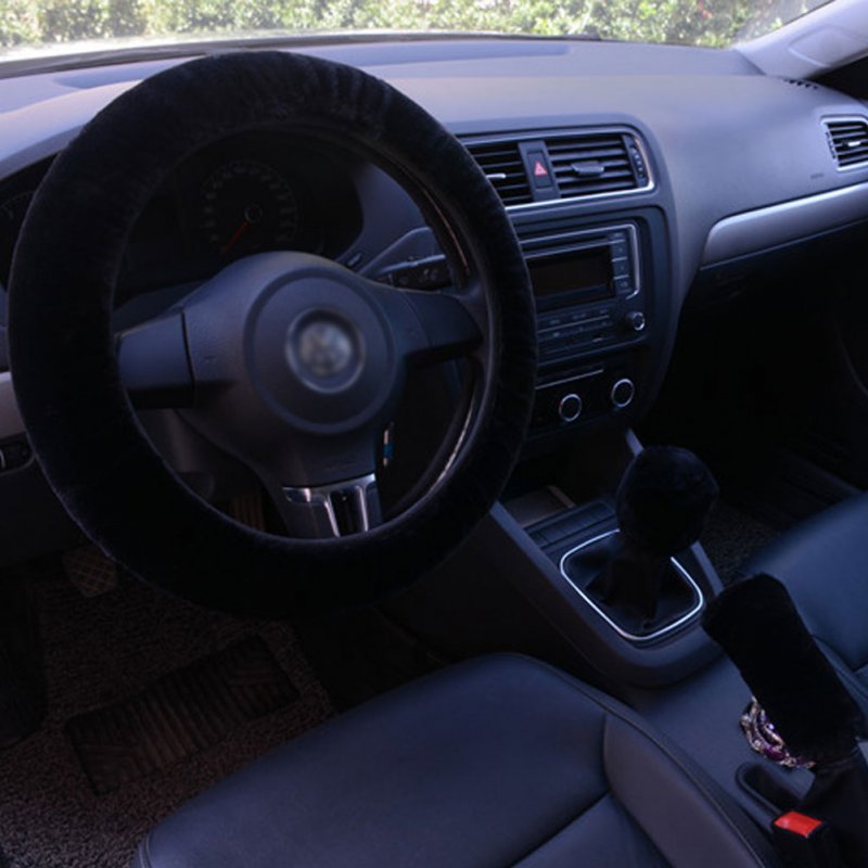 3pcs/set Car Plush Fashion Universal Steering  Wheel  Cover Plush Pull Handle black