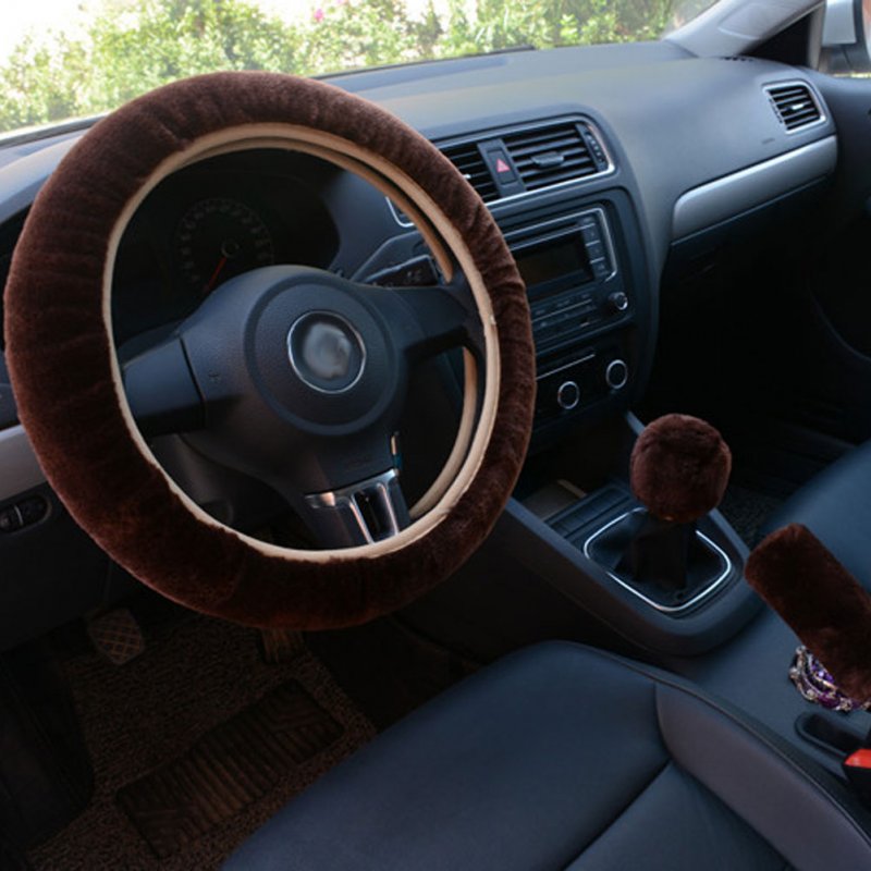 3pcs/set Car Plush Fashion Universal Steering  Wheel  Cover Plush Pull Handle Brown