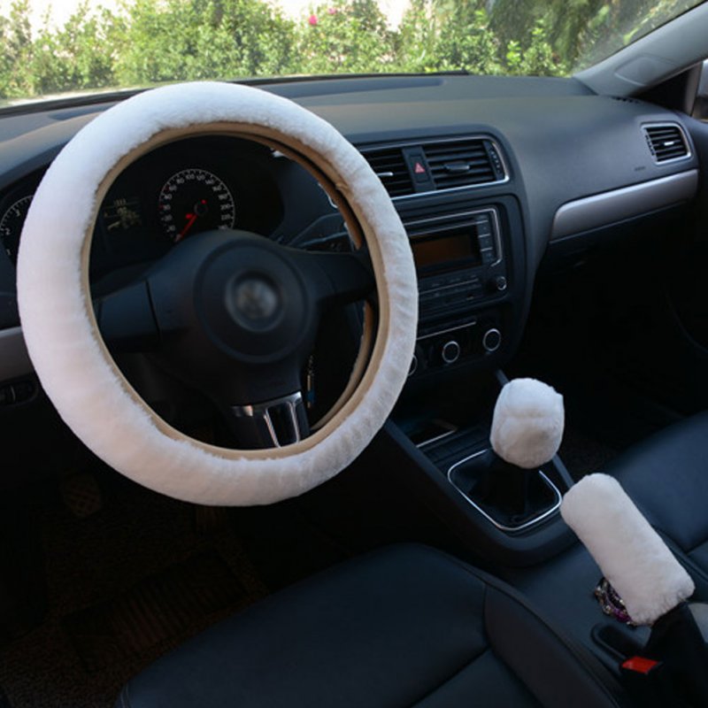 3pcs/set Car Plush Fashion Universal Steering  Wheel  Cover Plush Pull Handle white