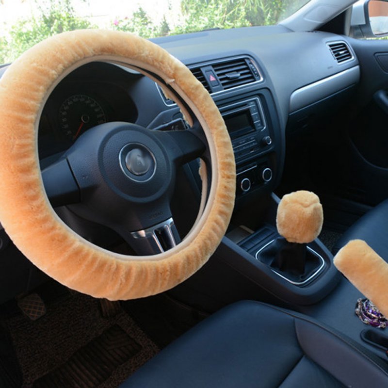 3pcs/set Car Plush Fashion Universal Steering  Wheel  Cover Plush Pull Handle Beige