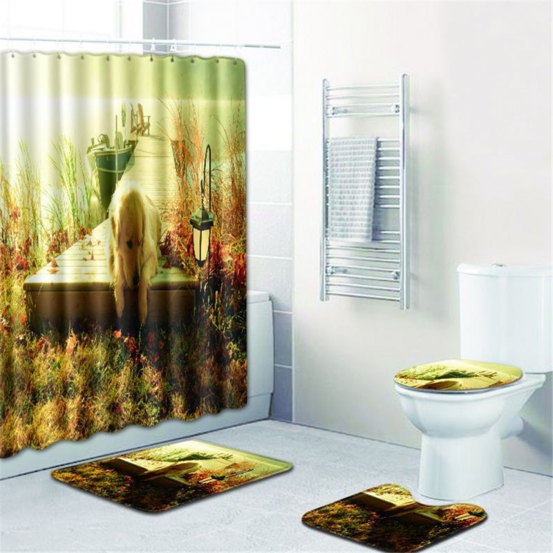4  Pcs Non-slip Rug Toilet  Lid  Cover Bath  Mat Waterproof Bath  Curtain w180623-d039_45*75cm