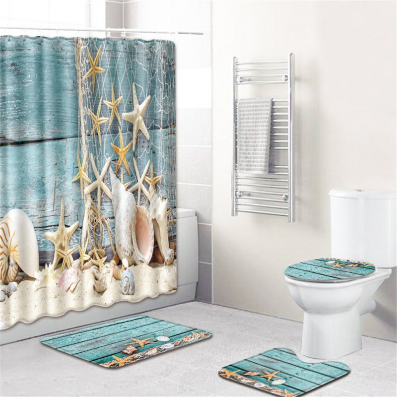 4  Pcs Non-slip Rug Toilet  Lid  Cover Bath  Mat Waterproof Bath  Curtain starfish_50*80cm