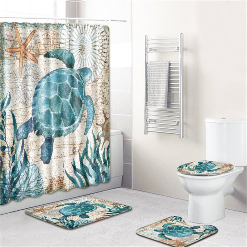 4  Pcs Non-slip Rug Toilet  Lid  Cover Bath  Mat Waterproof Bath  Curtain Sea turtle_50*80cm
