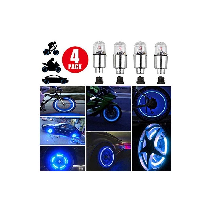 4 Pcs/set Alloy Silver Plated Automobile Hot Wheels Dual Sensor Valve Tire Lights Wheel  Decoration  Lights Blue