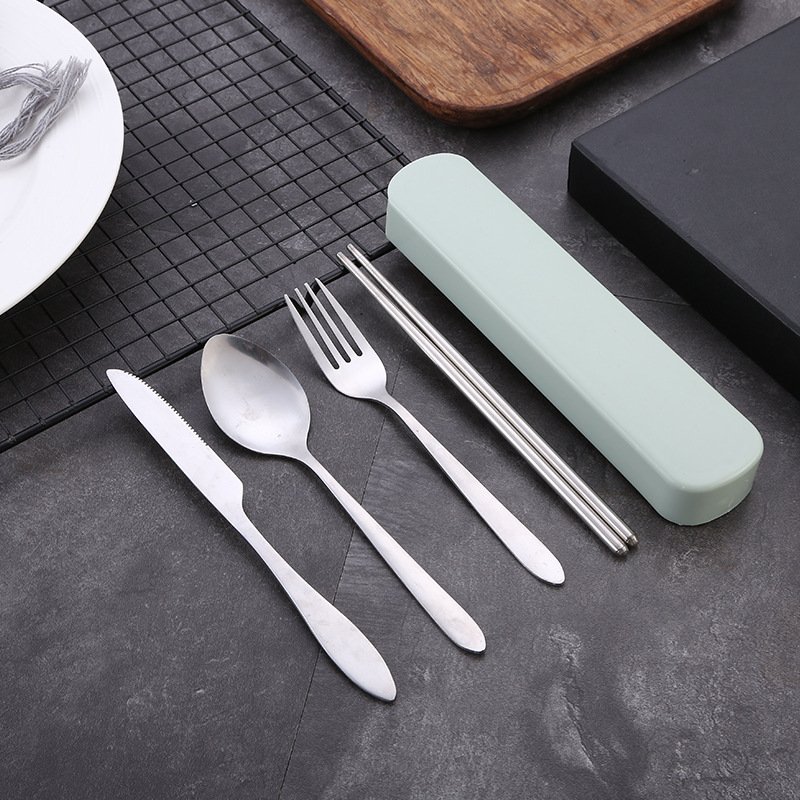 4 Pcs/set Stainless Steel Cutlery Household Cutter Fork Chopsticks Spoon For Restaurant Green box