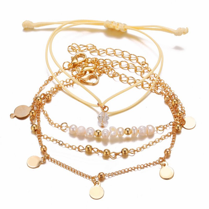 4 Pcs/set Women's  Bracelet Pearl Round-bead Retro Simple Style Bracelet Golden