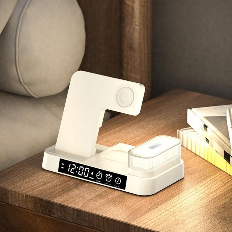 4-in-1 Wireless Fast Charger Alarm Clock Night Light Wireless Charging Station