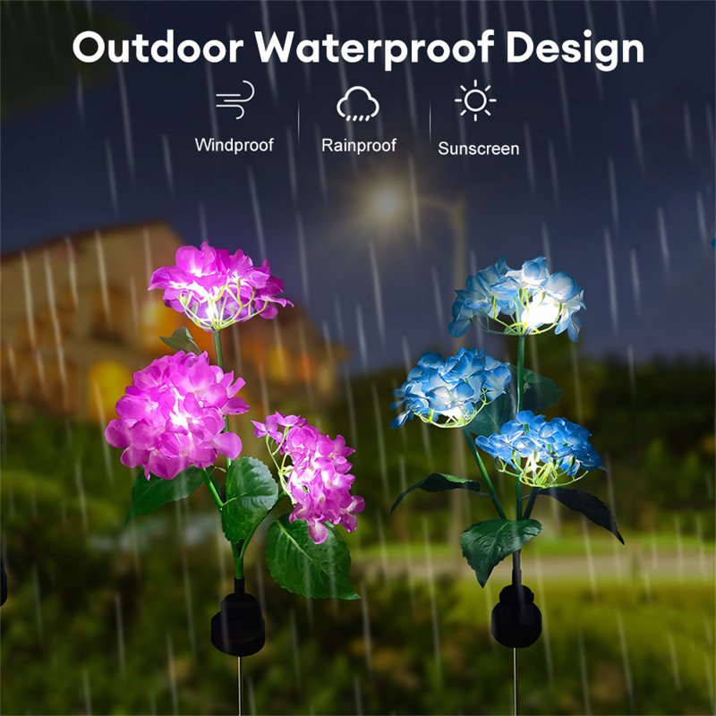 Outdoor Garden Solar LED Lights 3-Head Hydrangea Rose Flower Waterproof Stake Lights For Pathway Garden Backyard Lawn Decor 