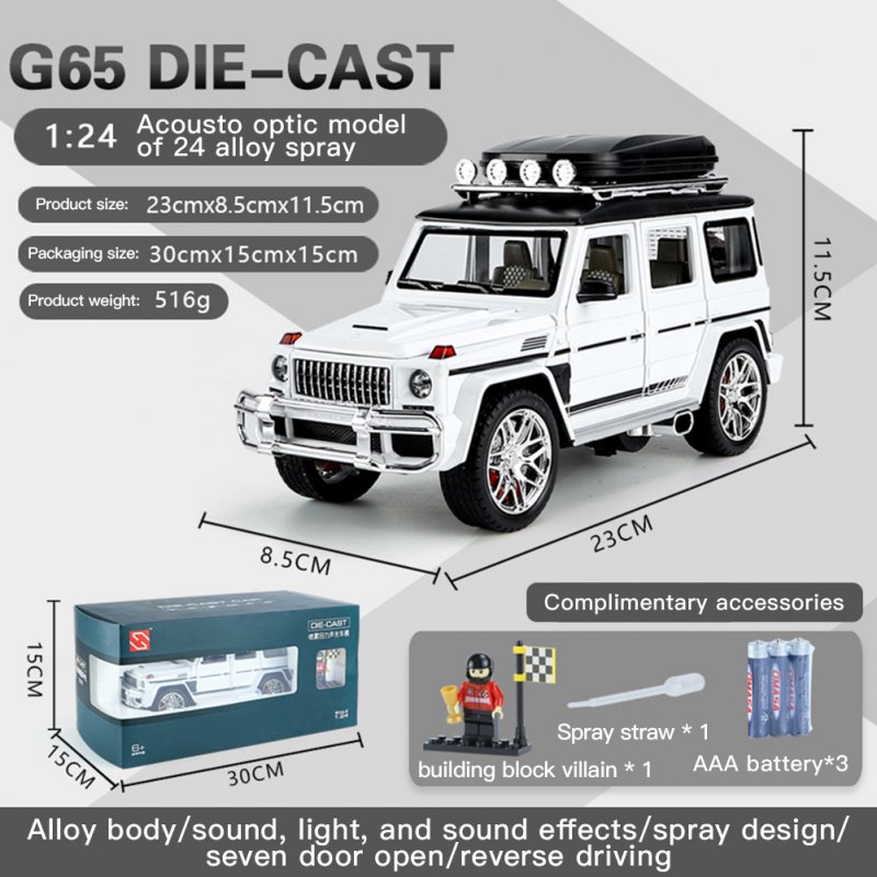 1/24 G65 Die-Cast Alloy Pull Back Car Simulation Off-Road Vehicle with Sound Light for Home Decoration 