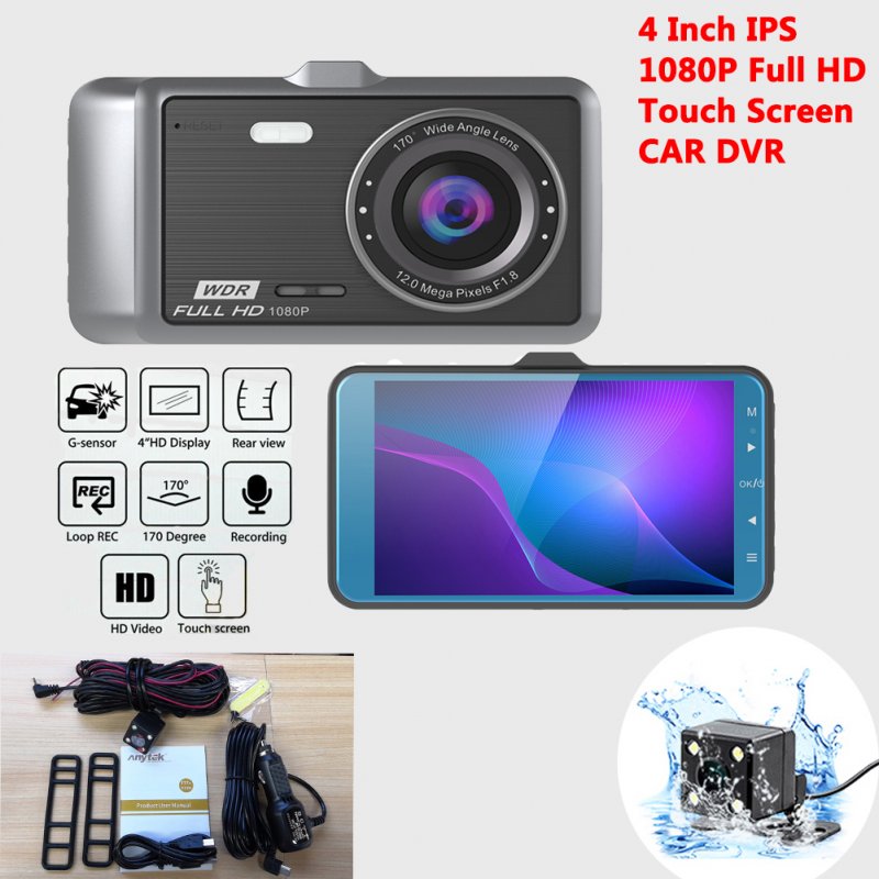 4Inch A60 Car DVR IPS HD 1080p Front Rear Dual Lens Dashcam dark gray