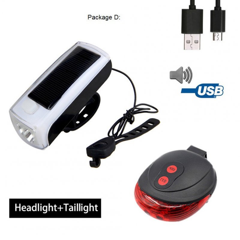 4LED Bike Cycling Front Light Solar Power USB Charging Lamp Rechargeable Horns Cycle Headlight Speaker Bicycle Light 4LED headlight speaker + laser tail light
