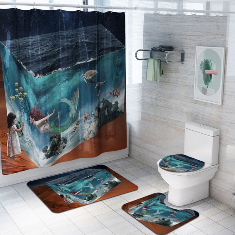 4Pcs/Set Mermaid Print Shower Curtain with Non-Slip Rugs Toilet Lid Cover Bath Mat 1#_As shown