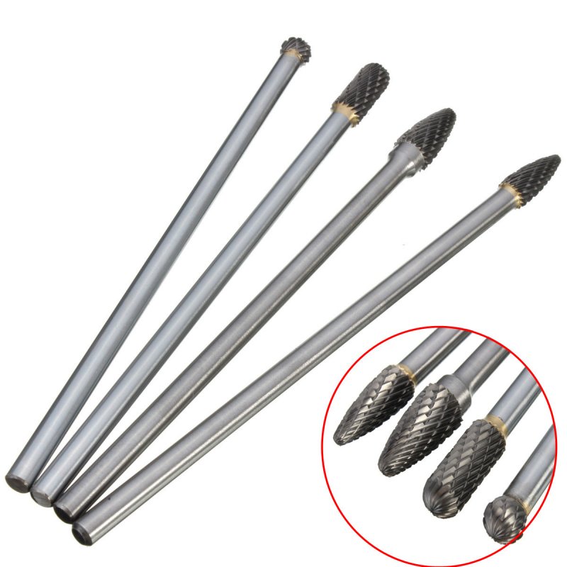 4Pcs Working Tungsten Steel Long Burr Set Grinding Head Drill Bits Shank Rotary Files Double Cut Milling Tool Carving 150-160mm 4pcs/set