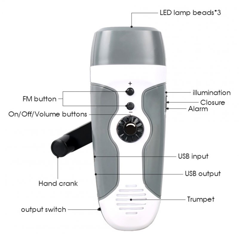 Portable Hand Crank Led Flashlight with Fm Radio Alarm Function Outdoor Emergency Lamp 