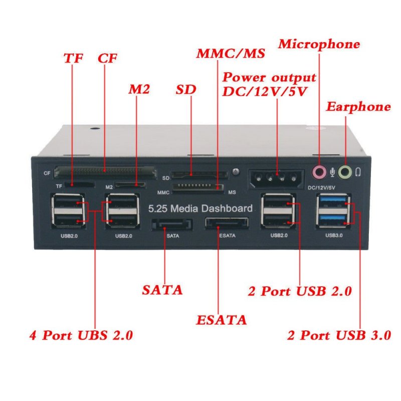 USB 3.0 Hub Multi-Function eSATA SATA Port Internal Card Reader PC Media Front Panel Audio for SD MS CF TF M2 MMC Memory Cards 