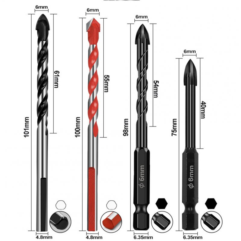 4pcs Cross Hex Tile Drill Bits Lengthened Glass Ceramic Twist Bits