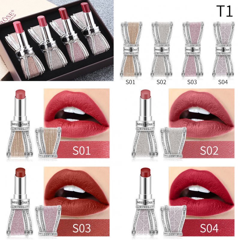 4pcs Crystal Rhinestone Bow Lipstick Makeup Lipstick Set Long Lasting Moist Non-stick Cup Makeup Gift 01#