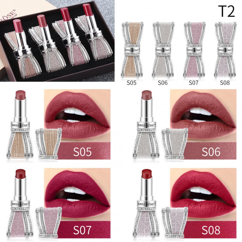 4pcs Crystal Rhinestone Bow Lipstick Makeup Lipstick Set Long Lasting Moist Non-stick Cup Makeup Gift 02#