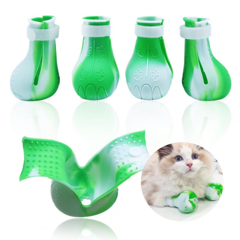 4pcs Pet Cat Silicone Foot Cover Washable Anti-scratch Contrast Color Paw Protector Boot Pet Supplies Green and white mixed color
