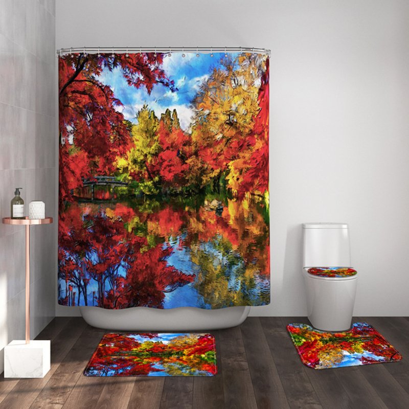 4pcs/set Bathroom Carpet Mat Shower Curtain Toilet Lid Cover Leaf Landscape Print Bathroom Set 439 #