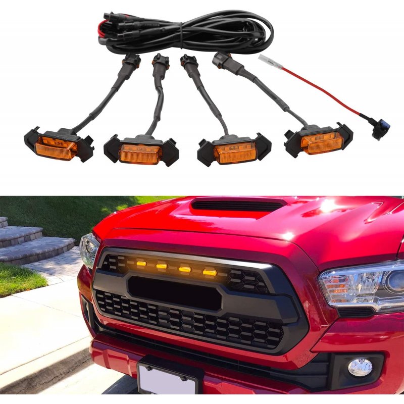 4pcs/set Car  Grill  LED Lights With Harness Fuse Upgrade For Automobile Modification Amber shell amber light