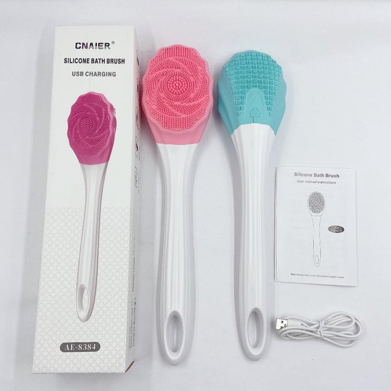 Electric Body Bath Brush Electric Long Handle Bath Brush Silicone Massage Body Scrubber Battery Powered/charging Shower Brush 8382 charging - pink English