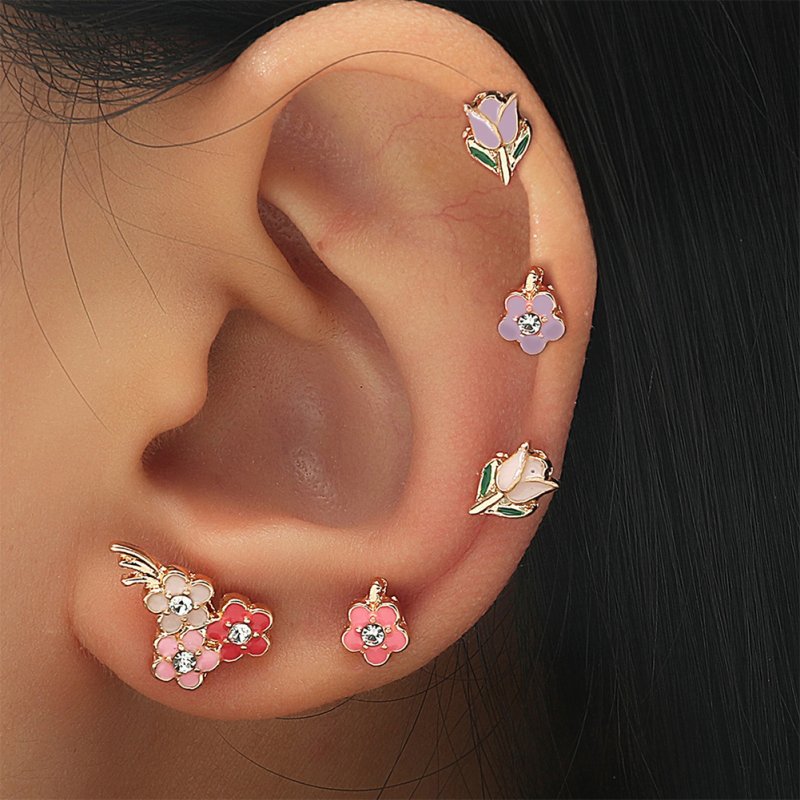 5 Pcs/set Alloy  Earrings Simple Metal Dripping Flower Shape Earrings Set Fashion Fun Ear Studs Color