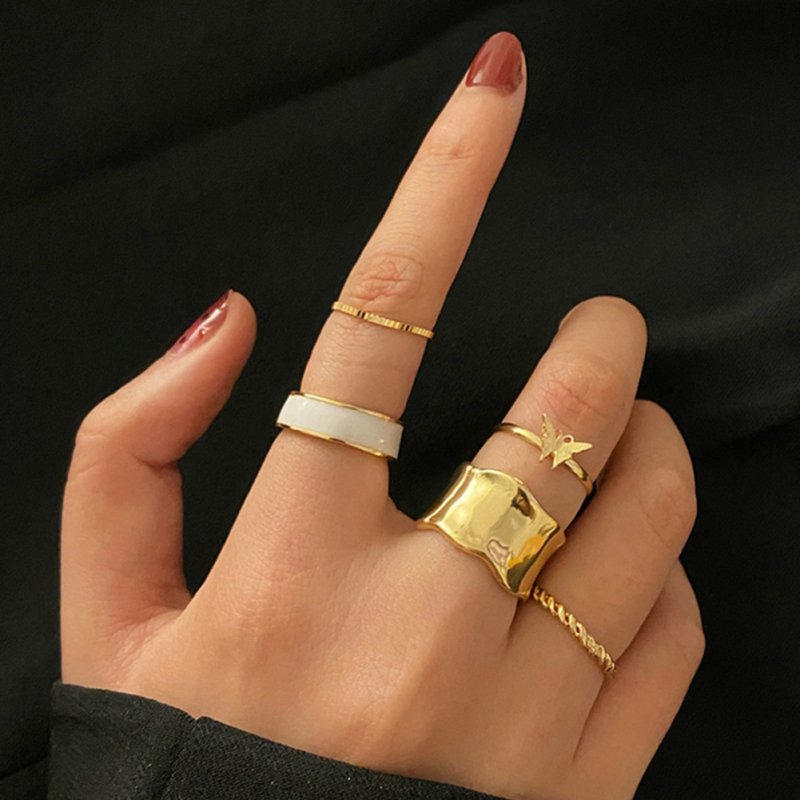 5  Pcs/set  Alloy  Ring Joint Ring Creative Simple Retro White Edge Butterfly Ring Set Golden