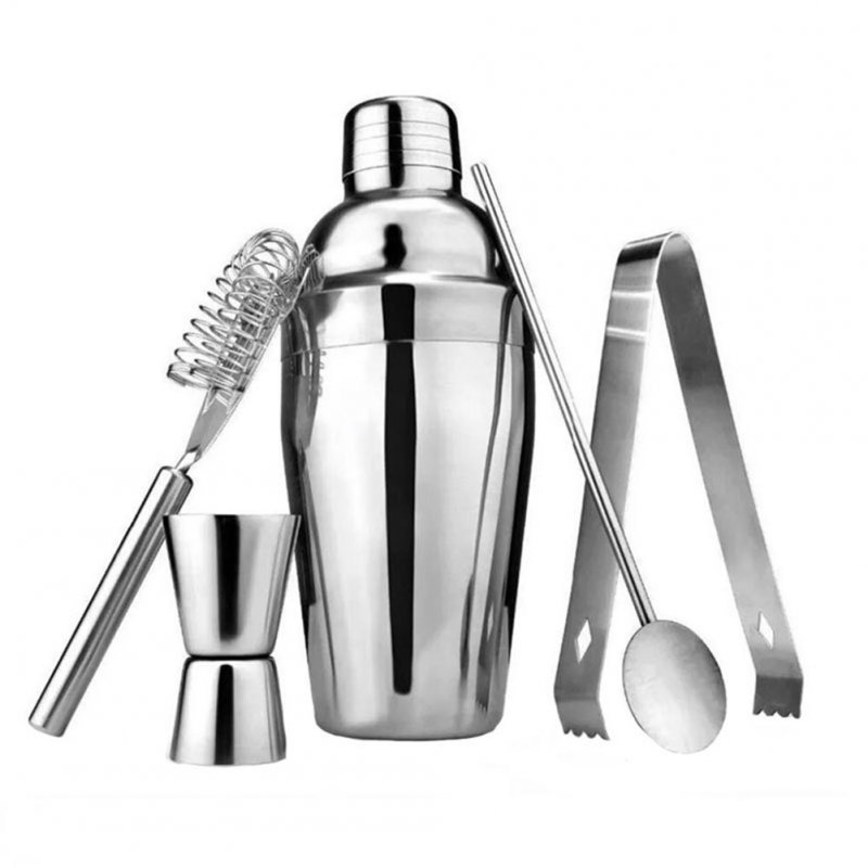 5 Pcs/set Stainless Steel Cocktail  Shaker  Set Shaker + Mixing Spoon + Ice Forceps + Filter + Measuring Cup Reusable Professional Bartending Tool 750ML