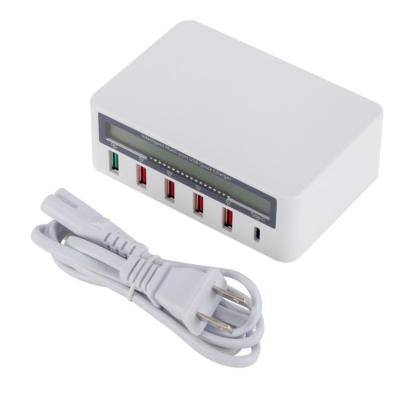 5 Port USB QC 3.0 Quick Charger LCD Voltage Current Display for iPhone iPad Samsung white_US plug