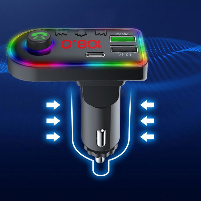 F7/f8 Car Bluetooth Fm Transmitter Hands-free Call Mp3 Player Colorful Light Type-c Car Charger F8