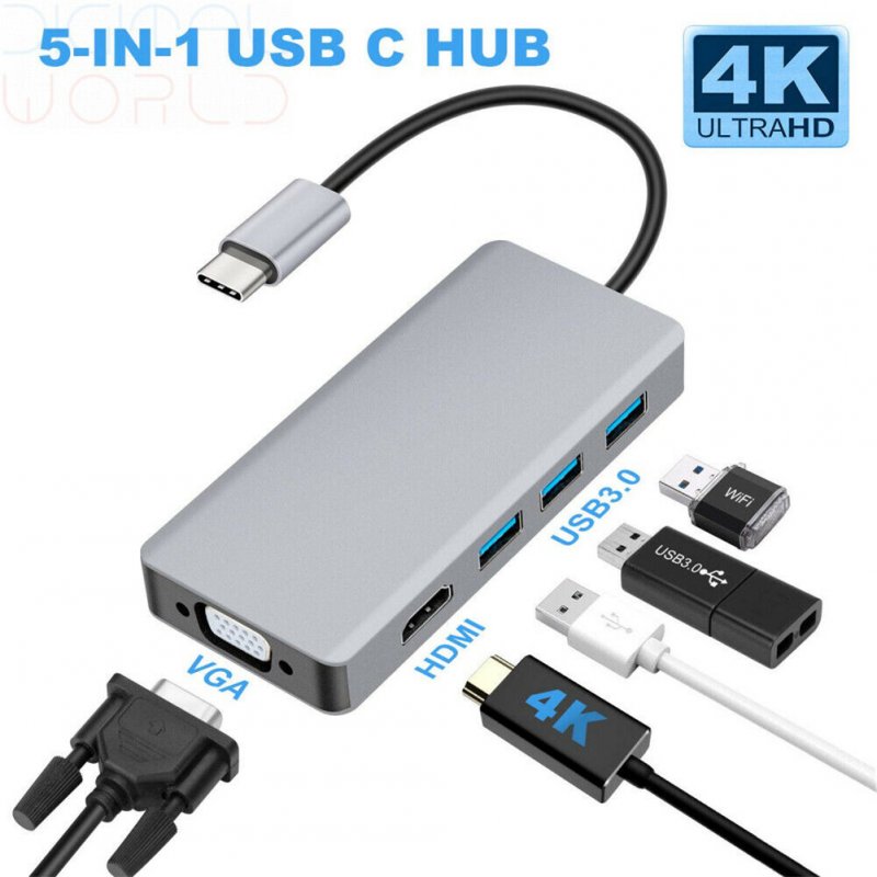 5 in 1 Docking Station USB 3.1 PD Charging/VGA/USB3.0*2/HDMI 2K/4K Multifunction Adapter Converter Silver