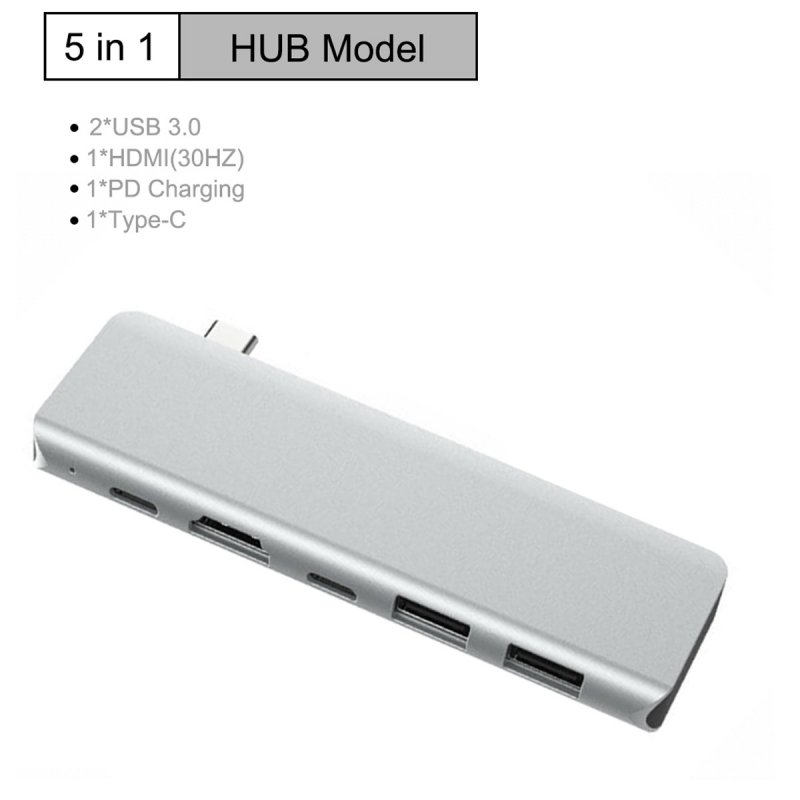 5-in-1 USB HUB Type-C to HDMI 2USB 3.0 PD Charging Type C Power Adapter Multi Ports Splitter Dock Silver
