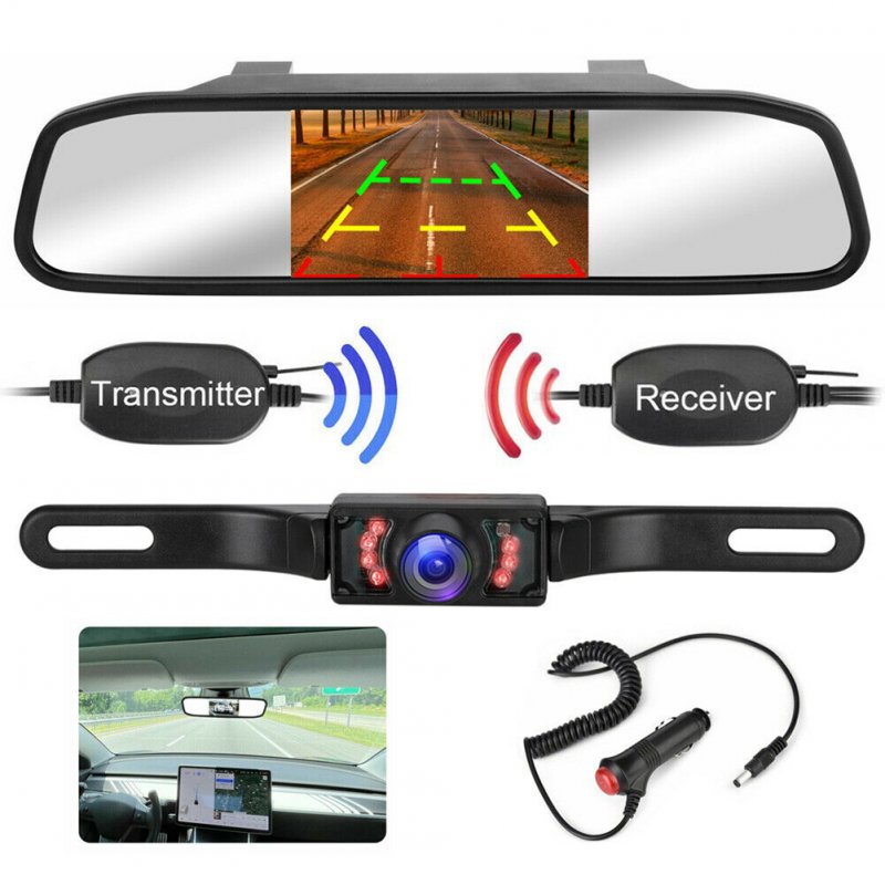5-inch Rearview Mirror Car Display With Long License Plate Night Vision Waterproof Camera Parking System Wireless Kit Black
