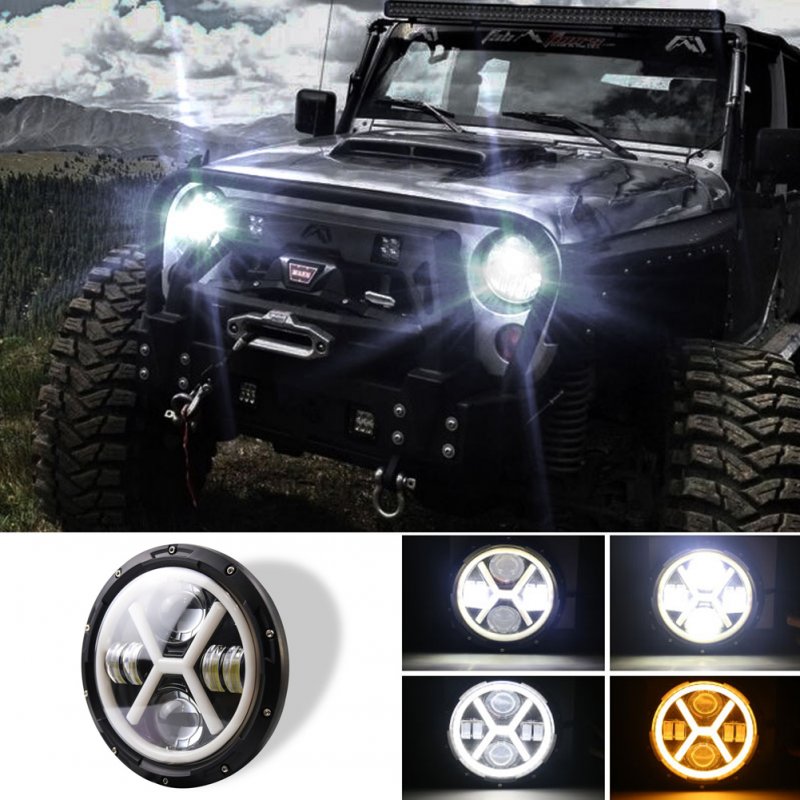 500 W 30000LM 7 inch LED Yellow and White Halo Angel Eye Headlights For Jeep Wrangler Led Beam Headlamp H4/H13 (left and right four eyes) X type Led Headlight