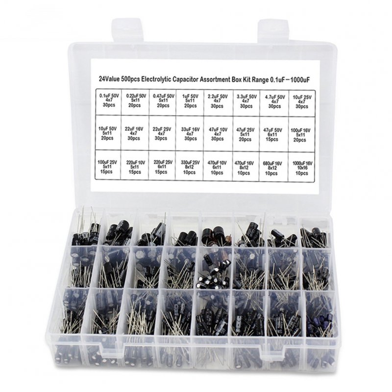 500pcs Electrolytic Capacitor with Box 24 Kinds Of 0.1uf-1000uf Low Frequency
