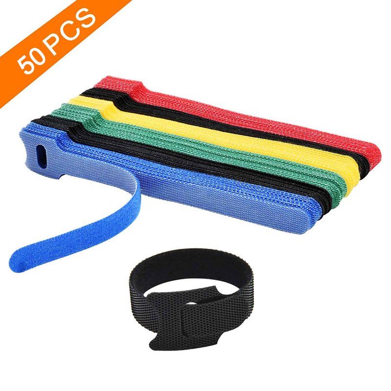 50pcs Colored Reusable Ties Hook Loop Fastener T-slot Nylon Magic Data Cable Management Harness Wire Strap black