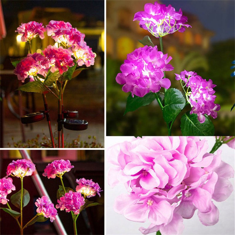 Outdoor Garden Solar LED Lights 3-Head Hydrangea Rose Flower Waterproof Stake Lights For Pathway Garden Backyard Lawn Decor 